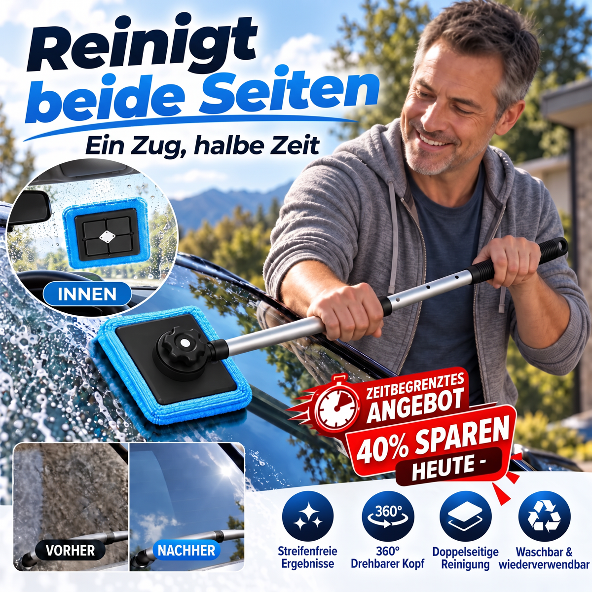 Magnetischer Glasreiniger — doppelseitige Reinigung, waschbare Reinigungspads und vielseitige Anwendung für Zuhause & Auto | Ein Set. Saubereres Glas. Weniger Aufwand. 💎